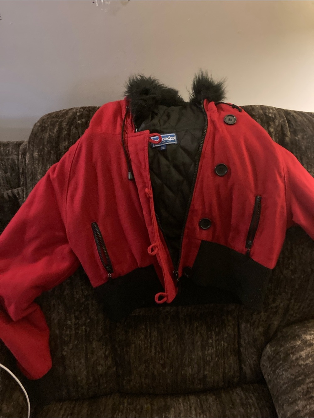 Red Bomber Jacket with Faux Fur Collar